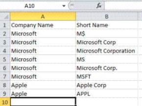Figure 4. This screenshot of an example Excel document shows the data that will be loaded into Data Quality Services for matching.